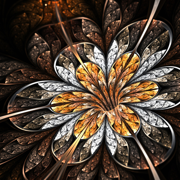 Shiny gold fractal flower on dark background, digital art - Photo, Image