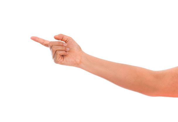 Указание пальцем, женская рука, изолированный на белом фоне с обрезкой пути
 - Фото, изображение