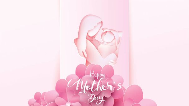 Glückwunschkarte zum Muttertag. papiergeschnittene Mutter lächelt und hält gesundes Baby mit Glück im rosa Hintergrund mit Blumenrahmen. Vektorillustration. Kopierraum für Text. - Vektor - Vektor, Bild