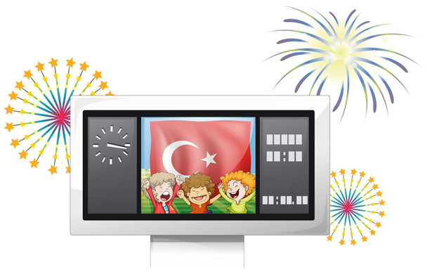 A scoreboard with the flag of Turkey and three boys - Vector, Image