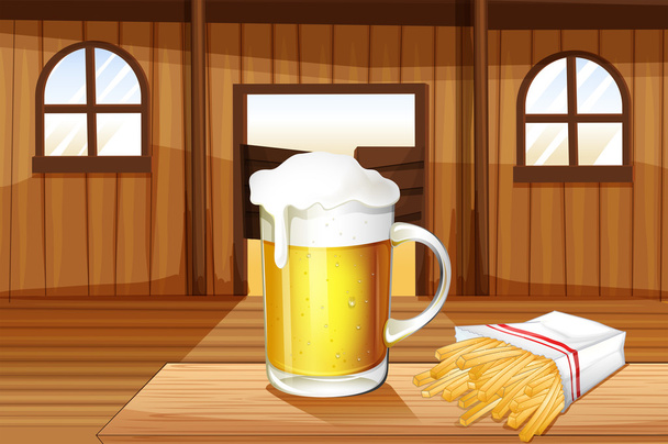 A mug of cold beer and french fries at the saloon bar - Vector, Image