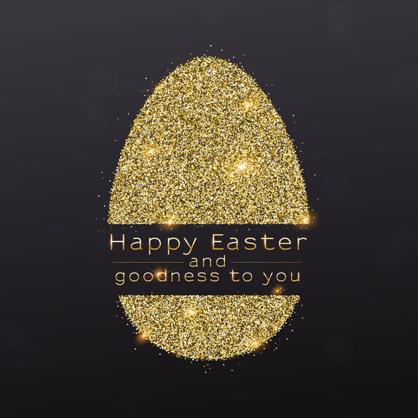 Easter egg with design of greetings text. Glittering symbol of Easter from golden shining dust isolated on black background. Vector template for covers, posters, banners, leaflets - Vector, Image
