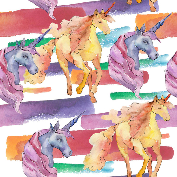 Schattig unicorn paard dierlijke hoorn karakter. Aquarel achtergrond afbeelding instellen. Naadloze achtergrondpatroon. - Foto, afbeelding