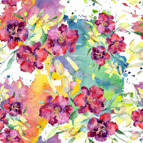 Bouquet von gelben und kastanienbraunen Lilien blühen. Aquarell Hintergrundillustration Set. nahtloses Hintergrundmuster. - Foto, Bild