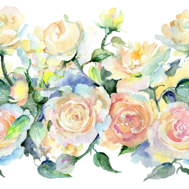 ベージュのバラの花束花植物の花。水彩画背景イラスト セット。シームレスな背景パターン. - 写真・画像