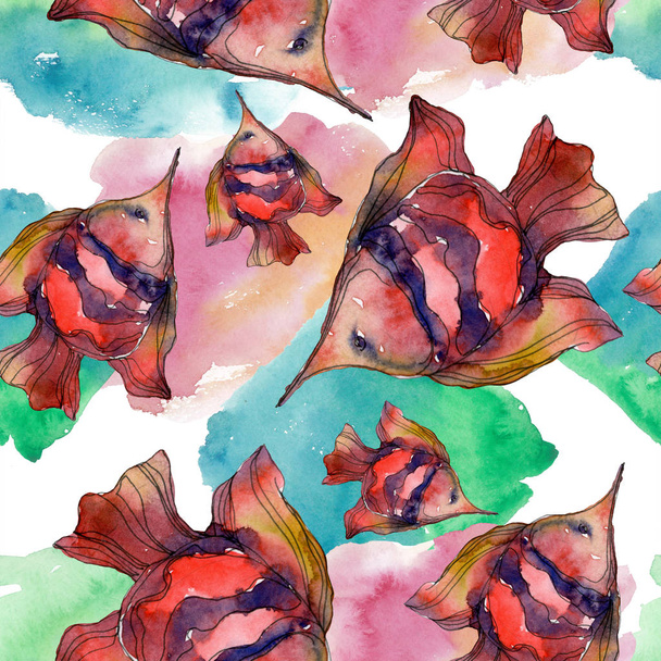 Red and blue aquatic underwater nature coral reef. Watercolor illustration set. Seamless background pattern. - Photo, Image