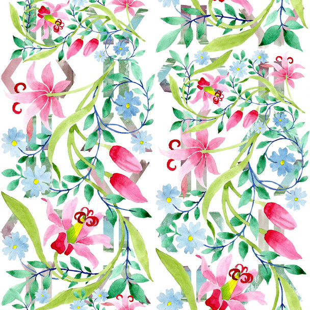 Ornament pink and blue floral botanical flowers. Watercolor background illustration set. Seamless background pattern. - Fotografie, Obrázek