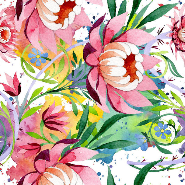 ピンク ロータス飾り花植物花。水彩画背景イラスト セット。シームレスな背景パターン. - 写真・画像