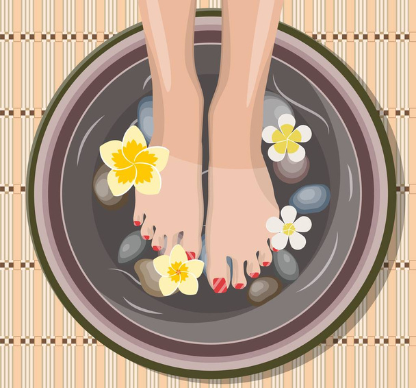 Female feet at spa pedicure procedure. - Vector, Image
