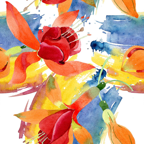 赤オレンジ色のフクシア花植物の花。水彩画背景イラスト セット。シームレスな背景パターン. - 写真・画像