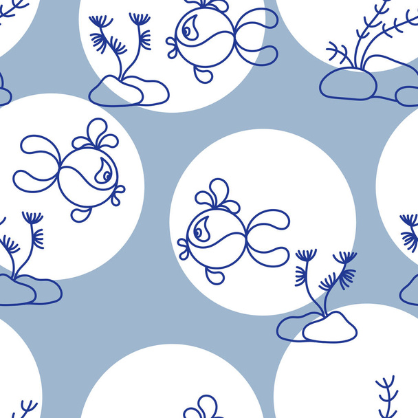 Funny fish and water plants. Seamless pattern background . Vector - Vetor, Imagem