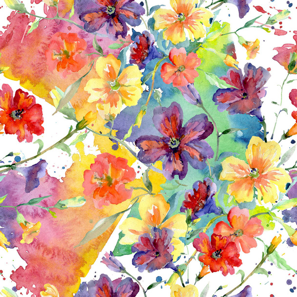 Blumenstrauß rote und gelbe botanische Blumen. Aquarell Hintergrundillustration Set. nahtloses Hintergrundmuster. - Foto, Bild