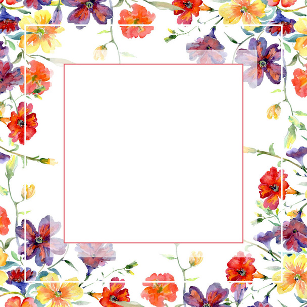 Csokor piros és sárga virág botanikai virágok. Akvarell háttér illusztráció készlet. Test határ Dísz tér. - Fotó, kép