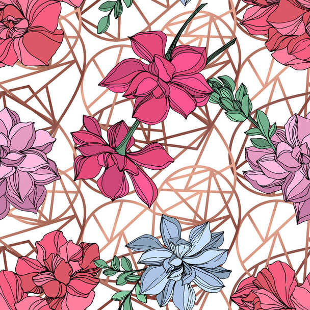 Vector Jungle botanical succulent flower. Engraved ink art illustration. Seamless background pattern. - Вектор, зображення