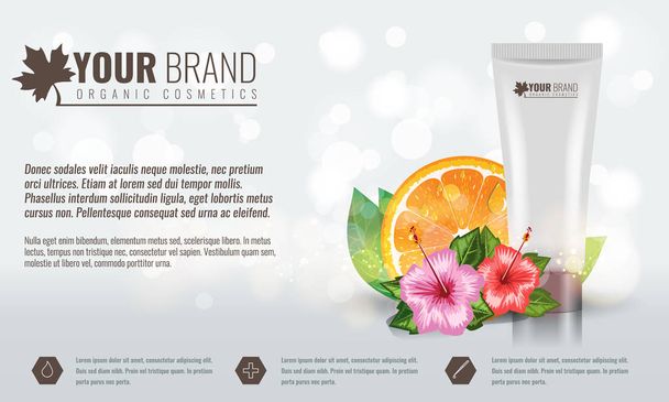 Hermosa crema facial hidratante plantilla de anuncios cosméticos con flor tropical y hoja. Ilustración vectorial
. - Vector, Imagen