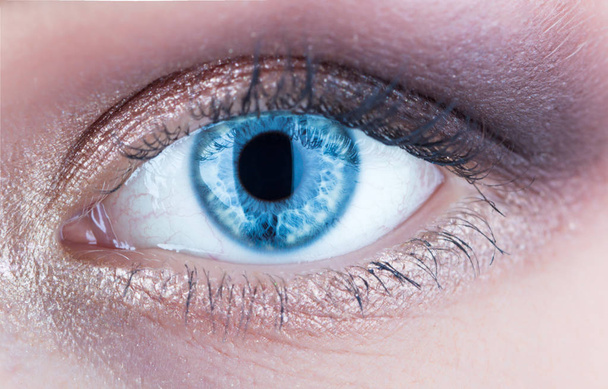Makro lidského oka. Closeup modré lidského oka. Lidské oči close-up detail. Ženské oči dlouhé řasy zblízka. Makro žák sítnice lidského colse oko, oční bulvy - Fotografie, Obrázek