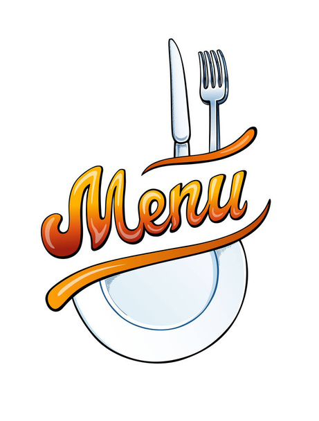 Menu cover lettering and illustrations. Restaurant cafe title with fork knife and plate. Calligraphic graffiti comic style headline. Colorful volume font. Vector typographic pop-art inscription - Vector, Image