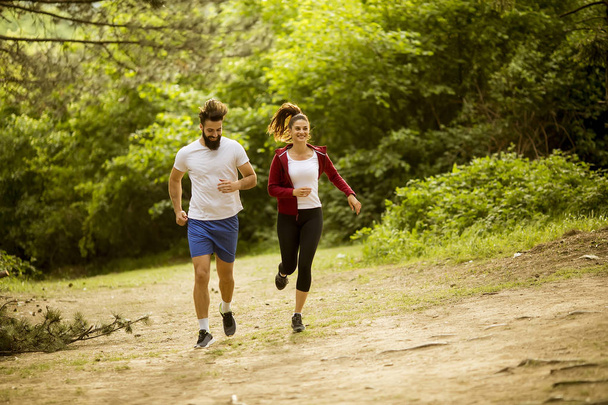 Terve istuvuus ja urheilullinen pari juoksee luonnossa kesäpäivänä
 - Valokuva, kuva