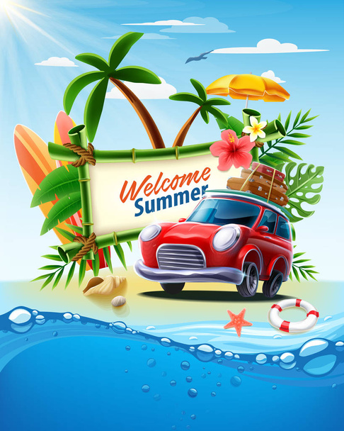 vector illustration of car with lettering welcome to summer time to travel - Vector, Imagen