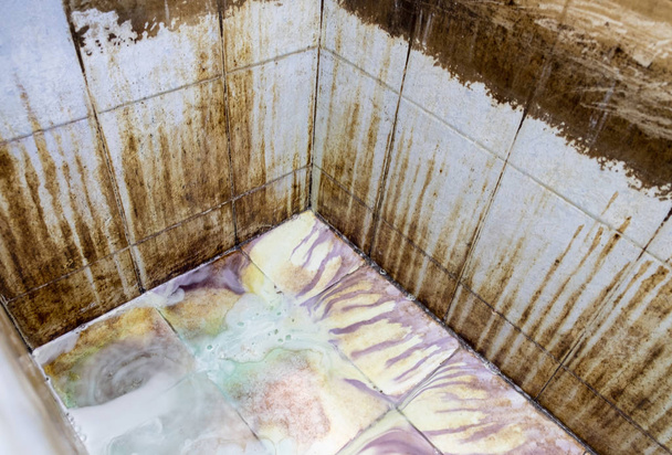 Чистка химической жидкости известняка и пятна грязи в ванной комнате
 - Фото, изображение