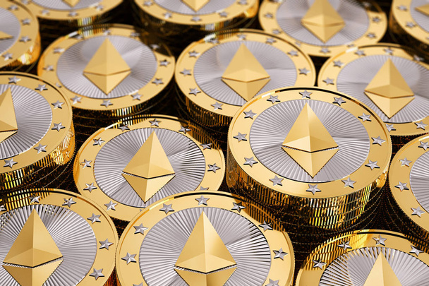 Stacks of Ethereum Coins - Virtual Money - Cryptocurrency - 3D Rendering - Foto, immagini