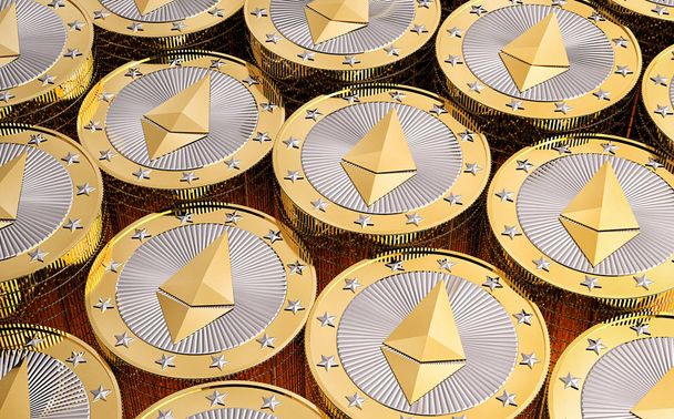 Stacks of Ethereum Coins - Virtual Money - Cryptocurrency - 3D Rendering - Photo, Image