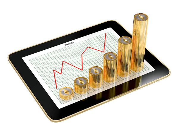 Общий планшет с диаграммой на дисплее и пачками монет Эфириума показывает рост прибыли - 3D рендеринг
 - Фото, изображение