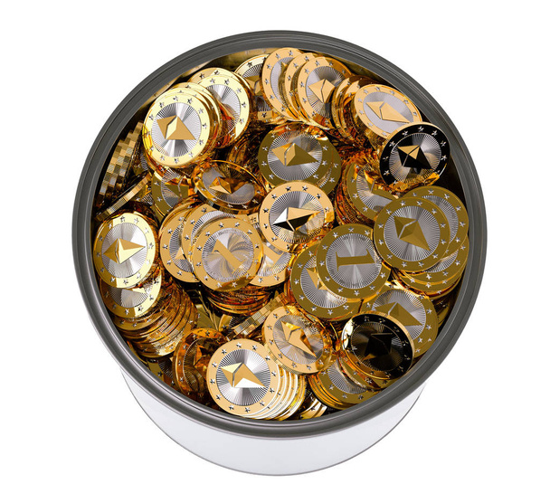 Ethereum Coins in a Bucket - Virtual Crypto Currency - 3D Rendering - Photo, Image