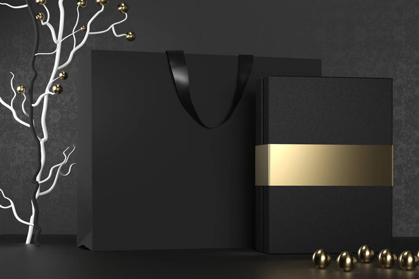 Black paper shopping bag with handles and luxury black box Mock Up. Premium black package for purchases mockup on a black background. 3d rendering. - 写真・画像
