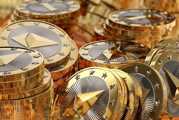 Στοίβες από κρυπτονόμισμα κέρματα - εικονικά χρήματα - Ethereum - 3d Rendering - Φωτογραφία, εικόνα