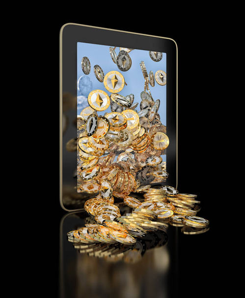 Ethereum coins falling out of a Tablet - 3D Rendering - Zdjęcie, obraz