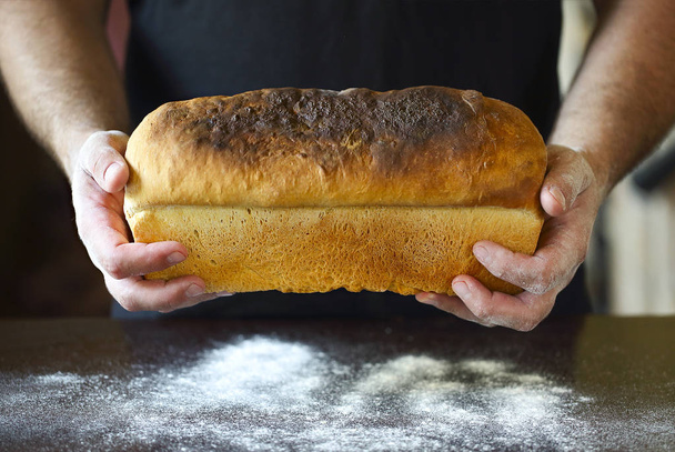 Manos masculinas sosteniendo pan recién horneado, de cerca
  - Foto, Imagen