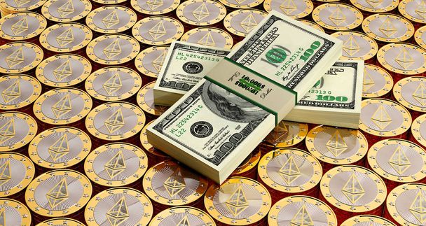 Stacks of Ethereum Coins - 3D Rendering  - 写真・画像