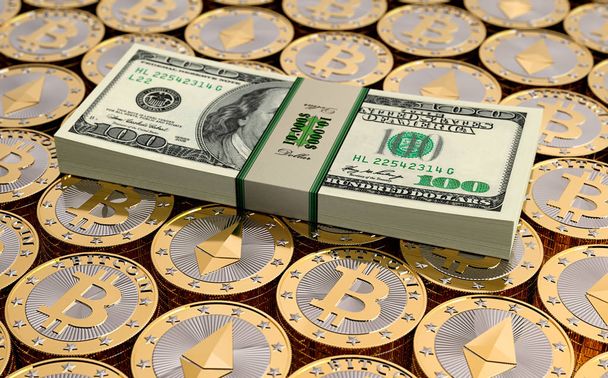 Bitcoins en Ethereum munten - 3d Rendering  - Foto, afbeelding