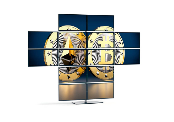 Monitor wall showing an image of Bitcoin and Ethereum coins - 3D Rendering  - Fotoğraf, Görsel