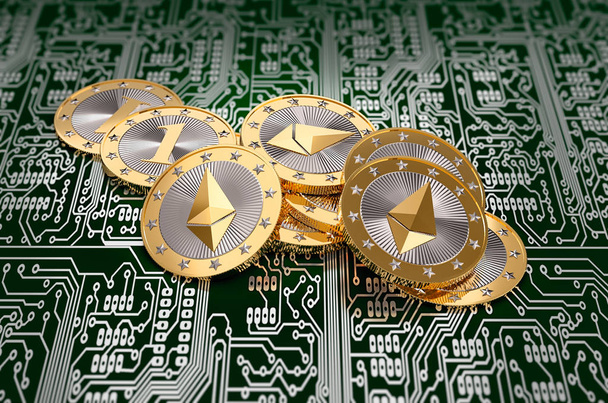 Ethereum Coins on circuit board layout - 3D Rendering  - Foto, afbeelding