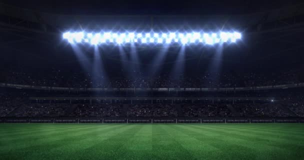 Grand voetbalstadion at night met licht bewegen kegels als achtergrond van de statische weergave van de advertentie van de sport van het arena van voetbal, naadloze loops, 4 k lus animatie - Video