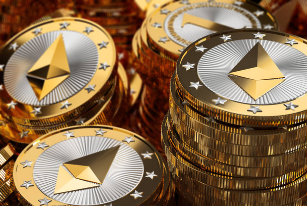Stacks of Ethereum Coins - Virtual Money - Cryptocurrency - 3D Rendering - Φωτογραφία, εικόνα