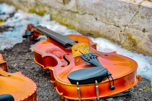 Две скрипки лежат на асфальте рядом со снегом
 - Фото, изображение