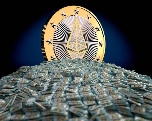 Golden Ethereum coin on top of a pile of new 100 Dollar Bills - 3D Rendering  - Zdjęcie, obraz