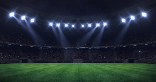 grand football stadium at night with light moving as seamless loop, soccer arena sport advertisement static view background, 4k loop animation - Footage, Video
