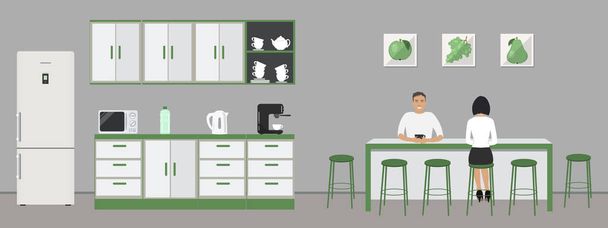 Зелена офісна кухня. Їдальня в офісі. Співробітники сидять за столом. Перерва на каву. На зображенні є кухонні шафи, холодильник, мікрохвильова піч, чайник і кавоварка. Векторні
 - Вектор, зображення