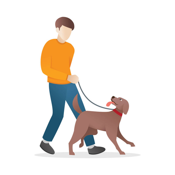 Человек гуляет со своей собакой. Животное и его хозяин изображены на белом фоне. Молодой человек гуляет со своей собакой. Векторная иллюстрация
 - Вектор,изображение