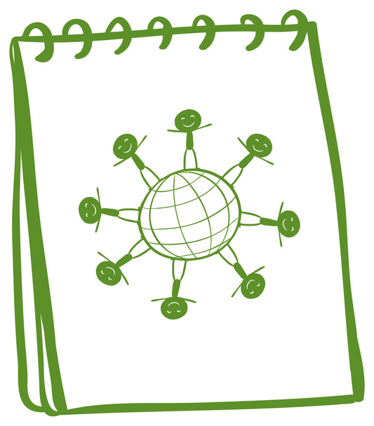 Un taccuino verde con un disegno di bambini in piedi intorno al globo
 - Vettoriali, immagini