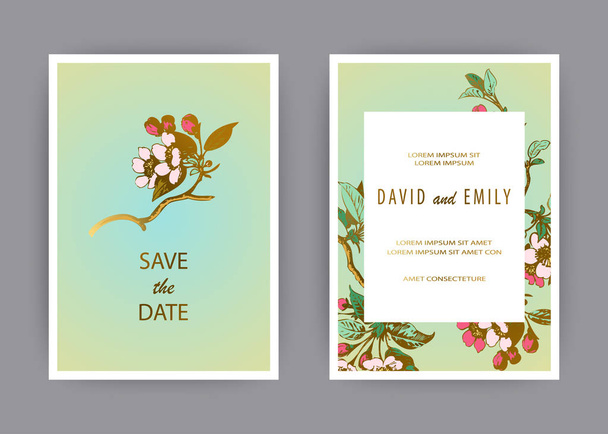 植物結婚式招待状カード テンプレート デザイン、手描き桜の花し、緑金の背景、レトロなスタイル パステル カラー ベクトル図のビンテージ農村桜の枝、葉 - ベクター画像