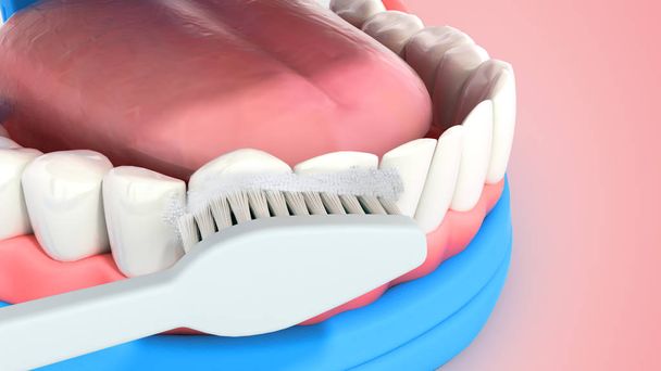 Szczoteczka do zębów, czyszczenie zębów w ustach render 3d na kolor - Zdjęcie, obraz