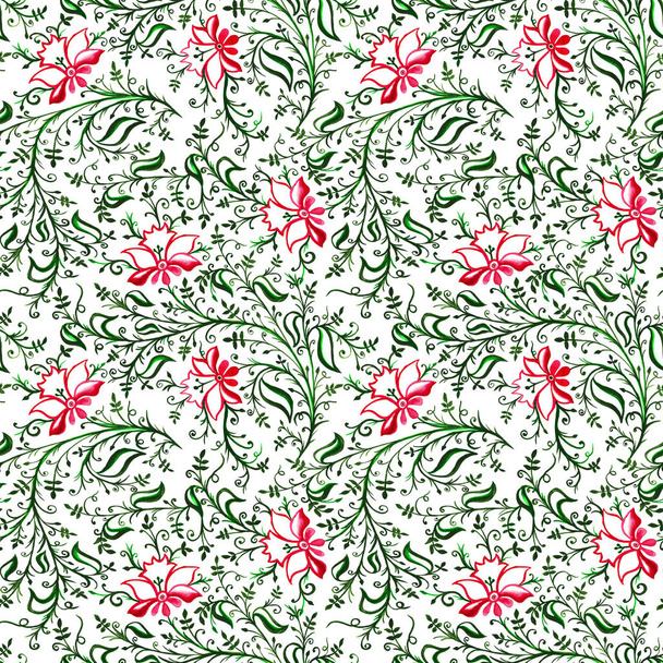 Pattern ornament openwork delicate flowers and leaves with curls and vines rose and green - 写真・画像