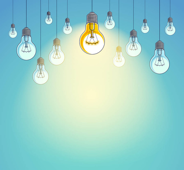 Idea concept, think different, light bulbs group vector illustration with single one is shining, creative inspiration, be special, leadership. Composition with copy space for text. - Vecteur, image