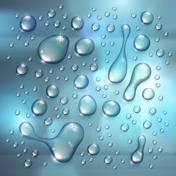 Water rain drops or condensation over blurred background beyond the window realistic transparent 3d vector illustration, easy to put over any background or use droplets separately. - Vector, Image
