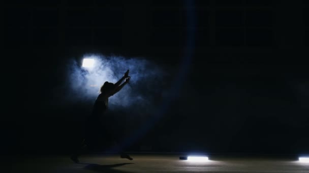 Die talentierte Turnerin vollführt in Zeitlupe einen Salto in einem Sprung auf dem Turnteppich in einem konturierten Licht im Rauch. Schwebestativ. Rotation in der Luft - Filmmaterial, Video